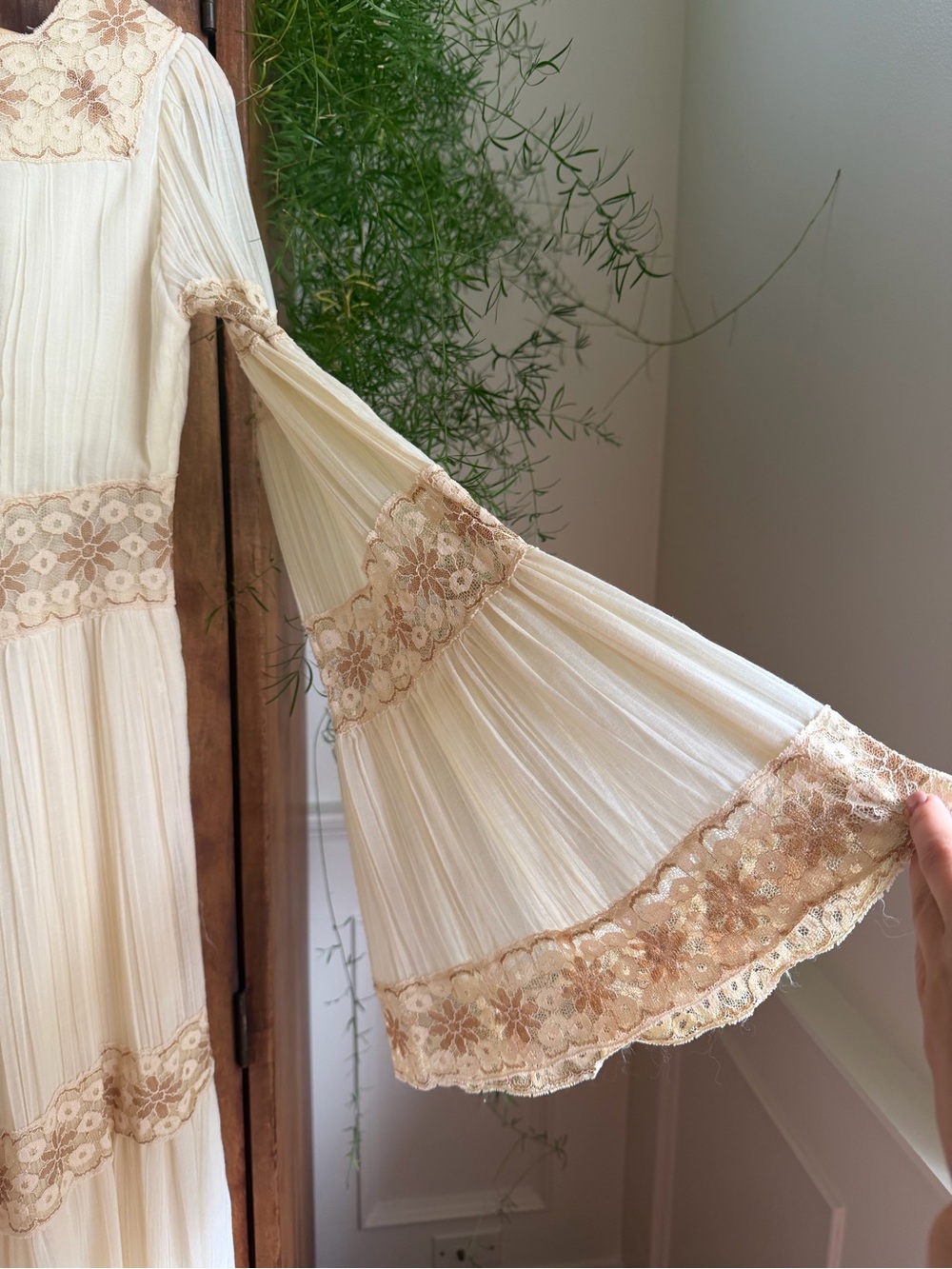 VTG 70s Roberta California Prairie Maxi Dress Ivory Lace Cottagecore Boho - Picture 8 of 16